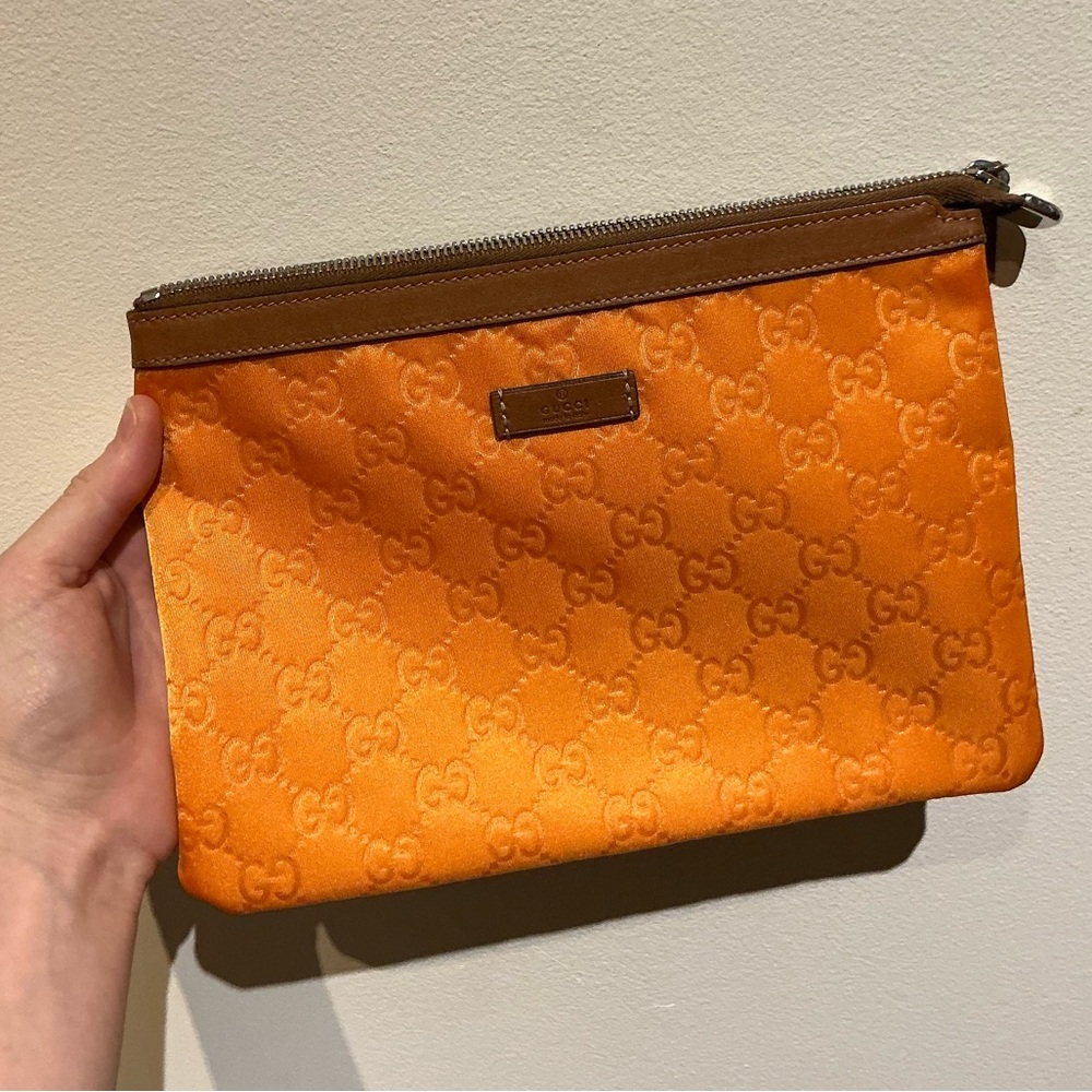 Gucci Orange Monogram Pouch – GG Satin with Leather Trim, Made in Italy